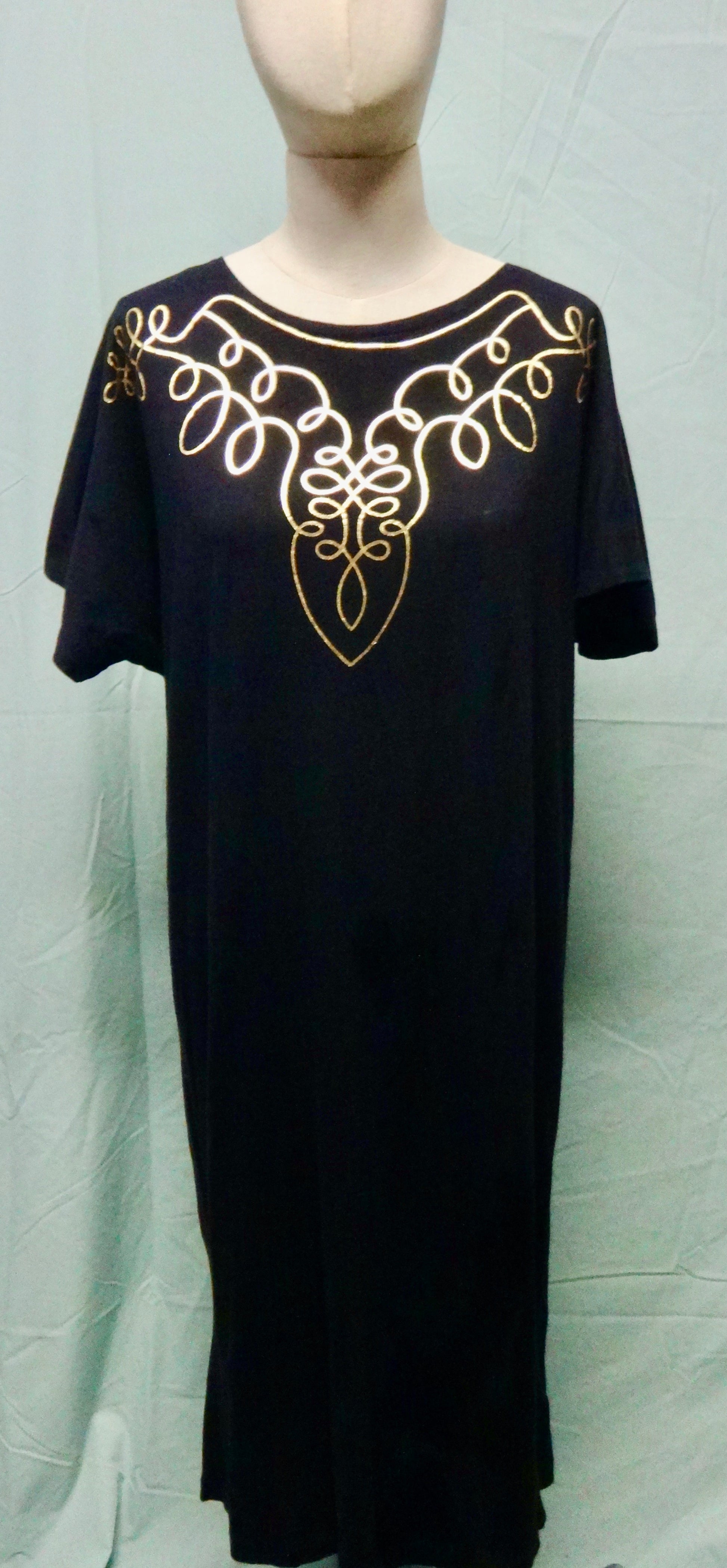 80s Batwing Gold and Black Foil Printed T-shirt Dress Girlgotvintage 80s Batwing Gold and Black Foil Printed T-shirt Dress Girlgotvintage