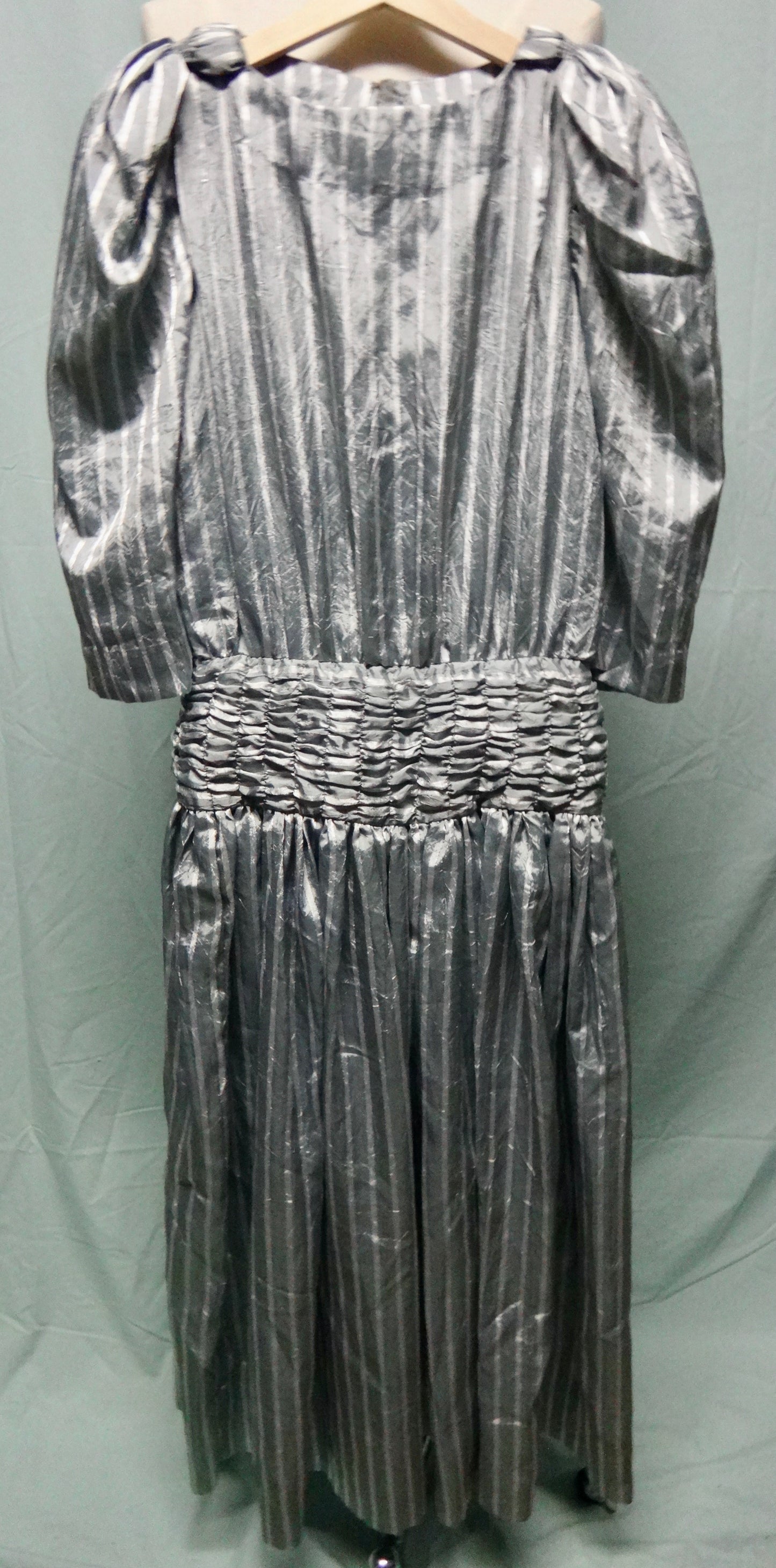 80s Puff Silver Stripe Ruched Evening Prom Dress