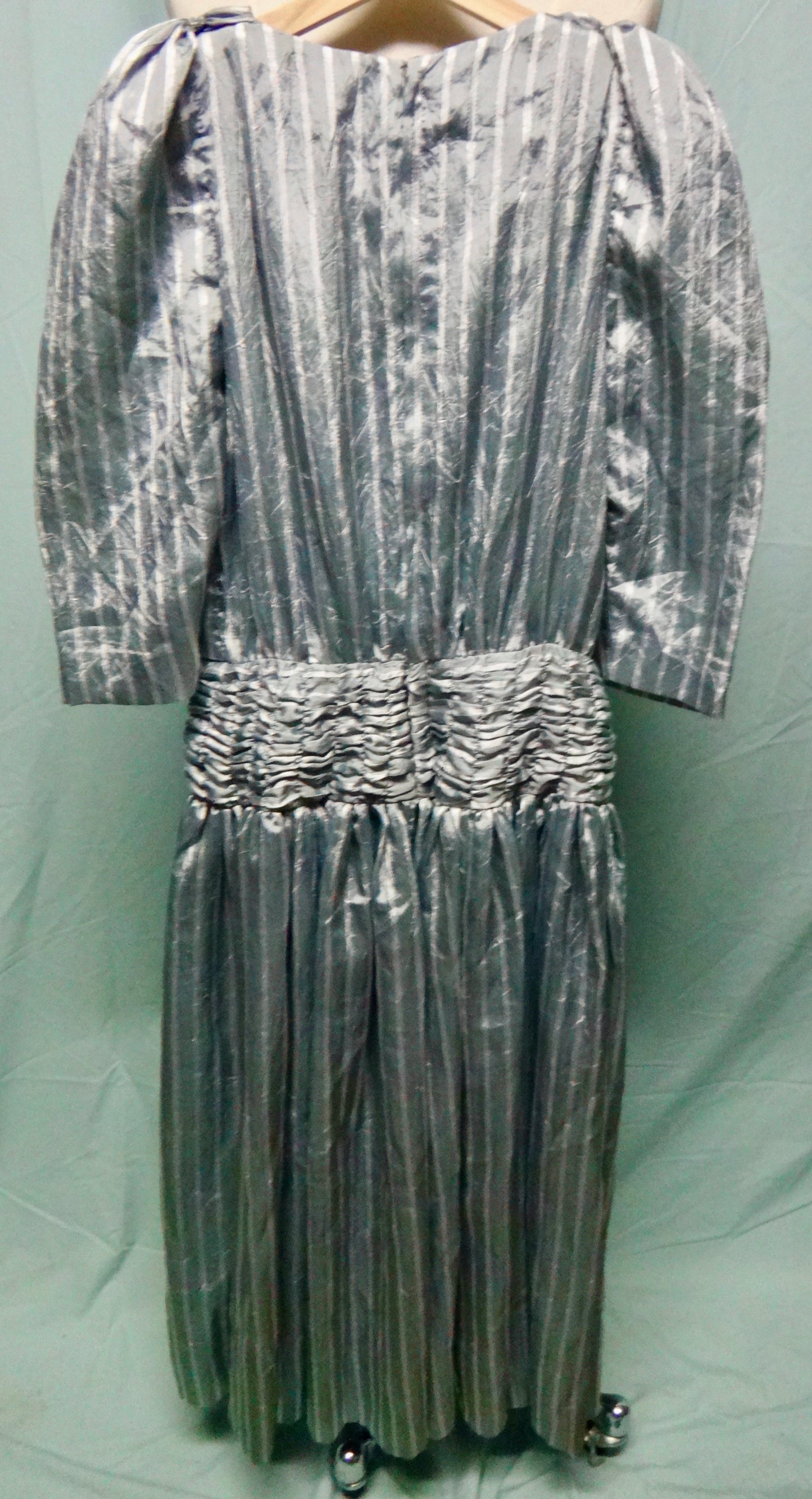 80s Puff Silver Stripe Ruched Evening Prom Dress