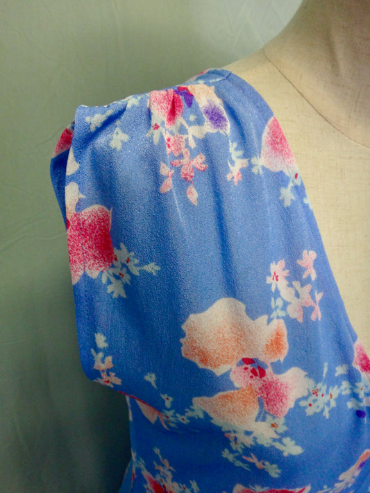 70s/80s Blue Floral Double V Dress