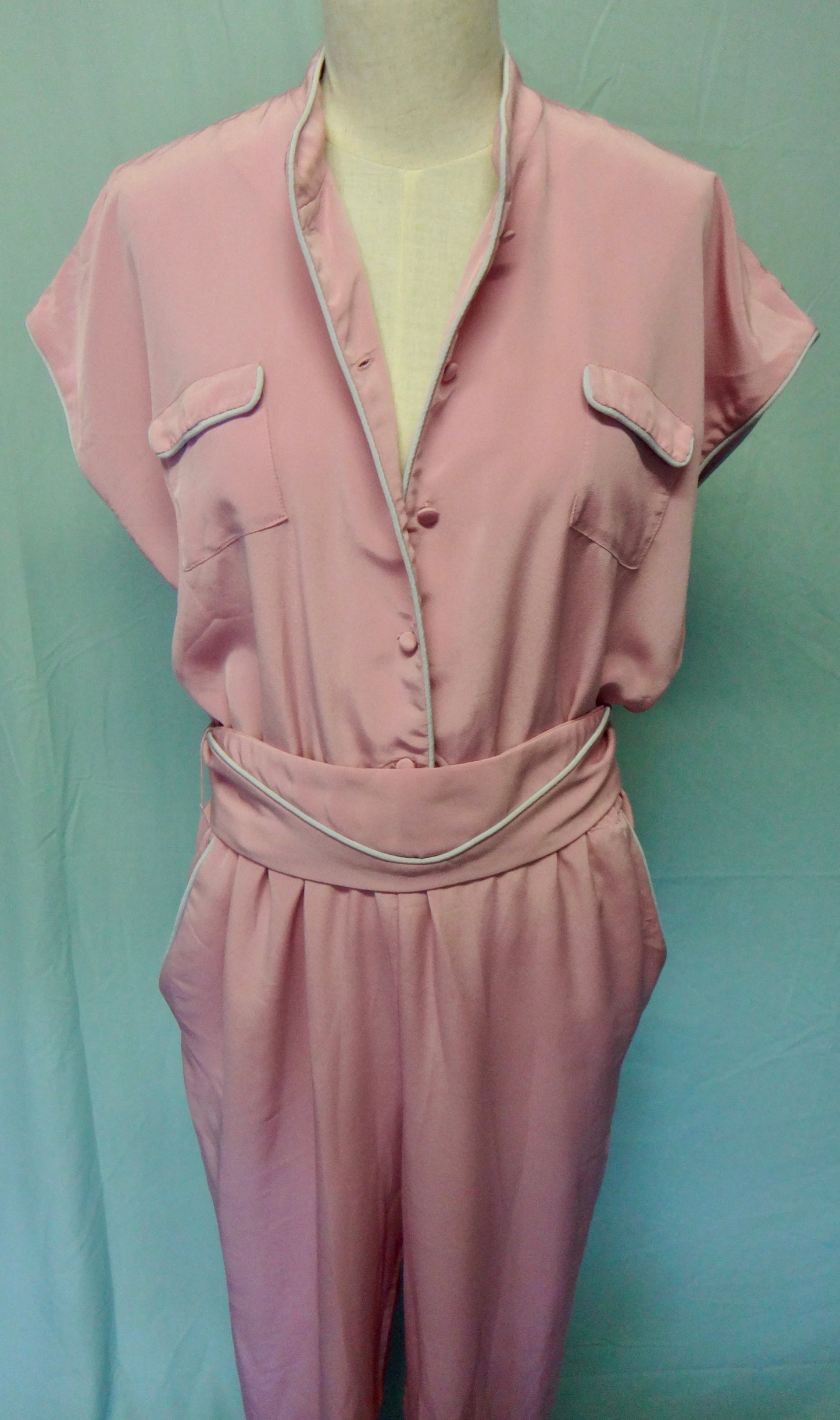 80s Pink Jumpsuit with Grey Piping