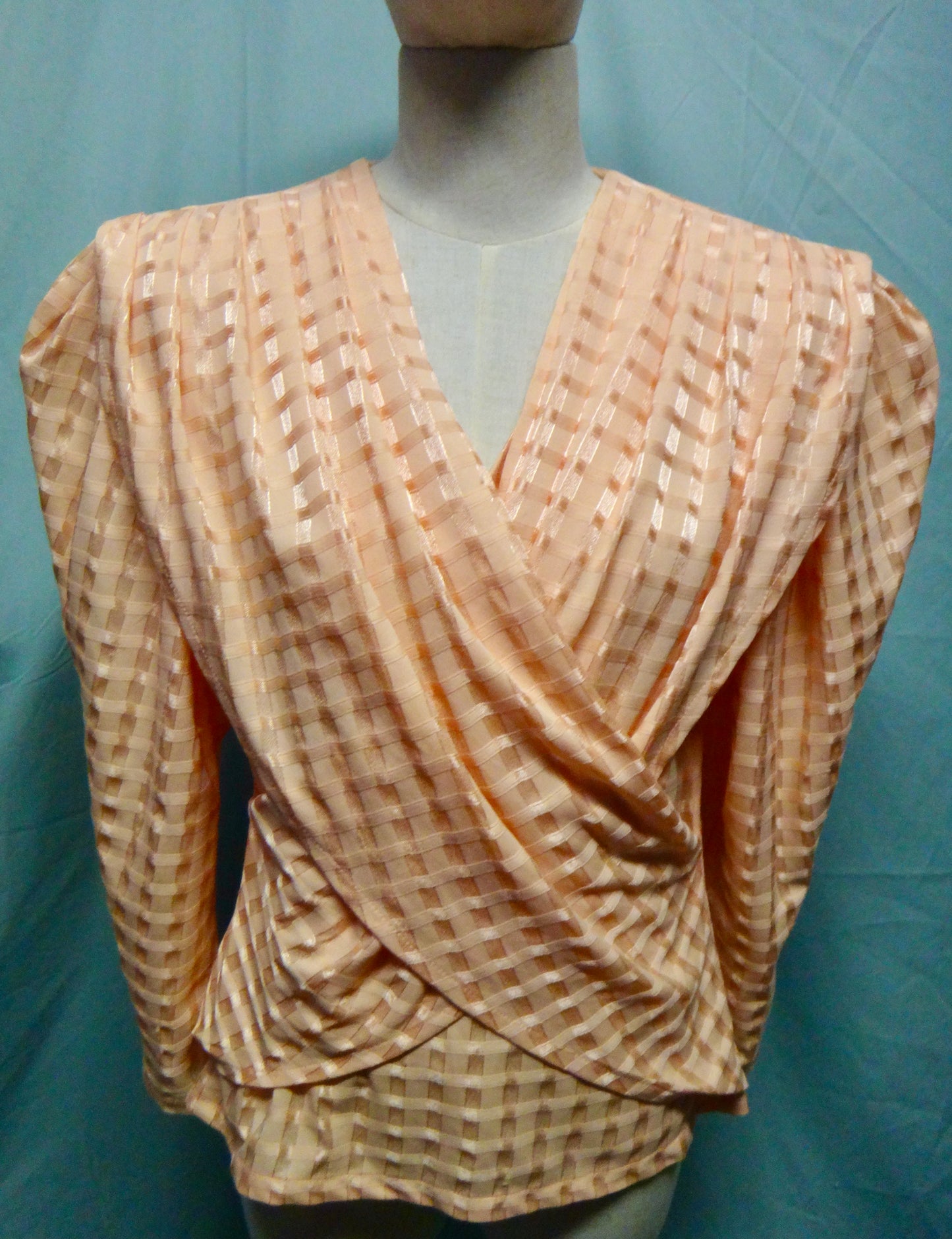 80s Apricot Puff Sleeve Check Blouse