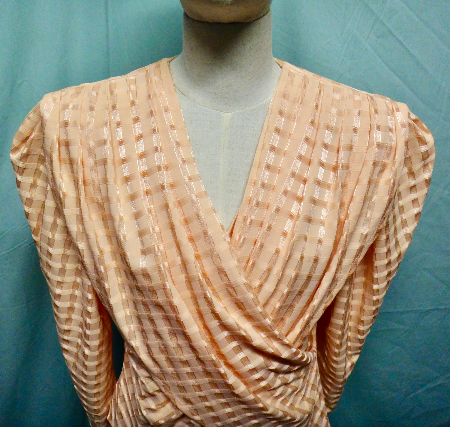 80s Apricot Puff Sleeve Check Blouse