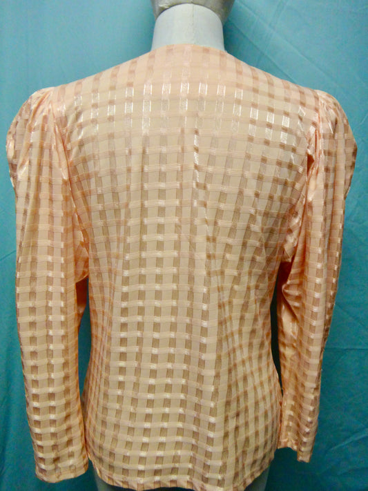 80s Apricot Puff Sleeve Check Blouse