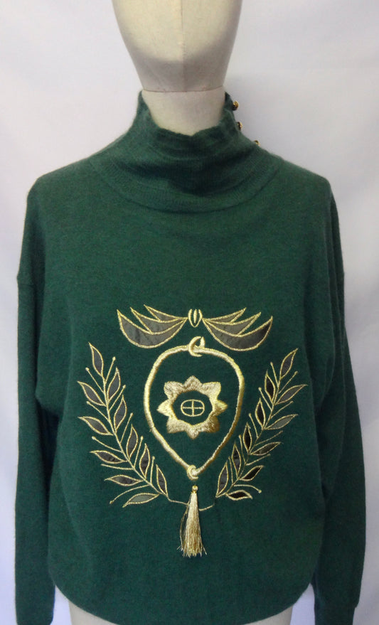 90s Green and Gold Sporty Applique Sweater