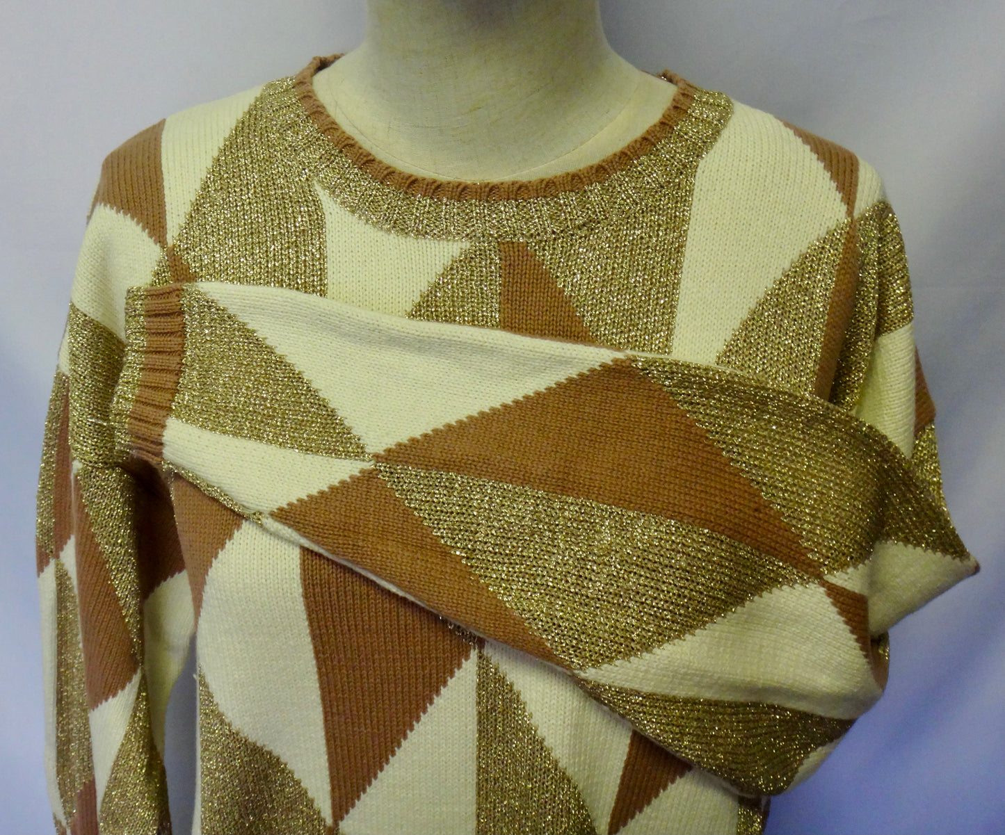 90s Gold Cream Mocha Diamond Crew Knit