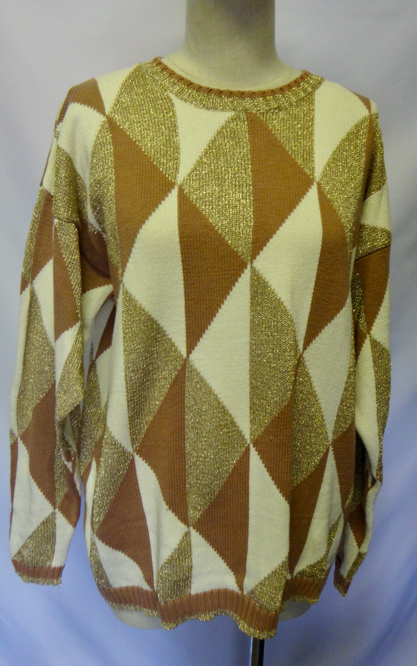 90s Gold Cream Mocha Diamond Crew Knit