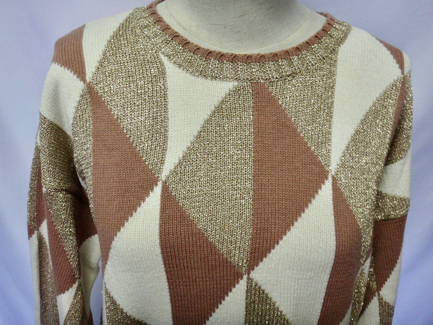 90s Gold Cream Mocha Diamond Crew Knit