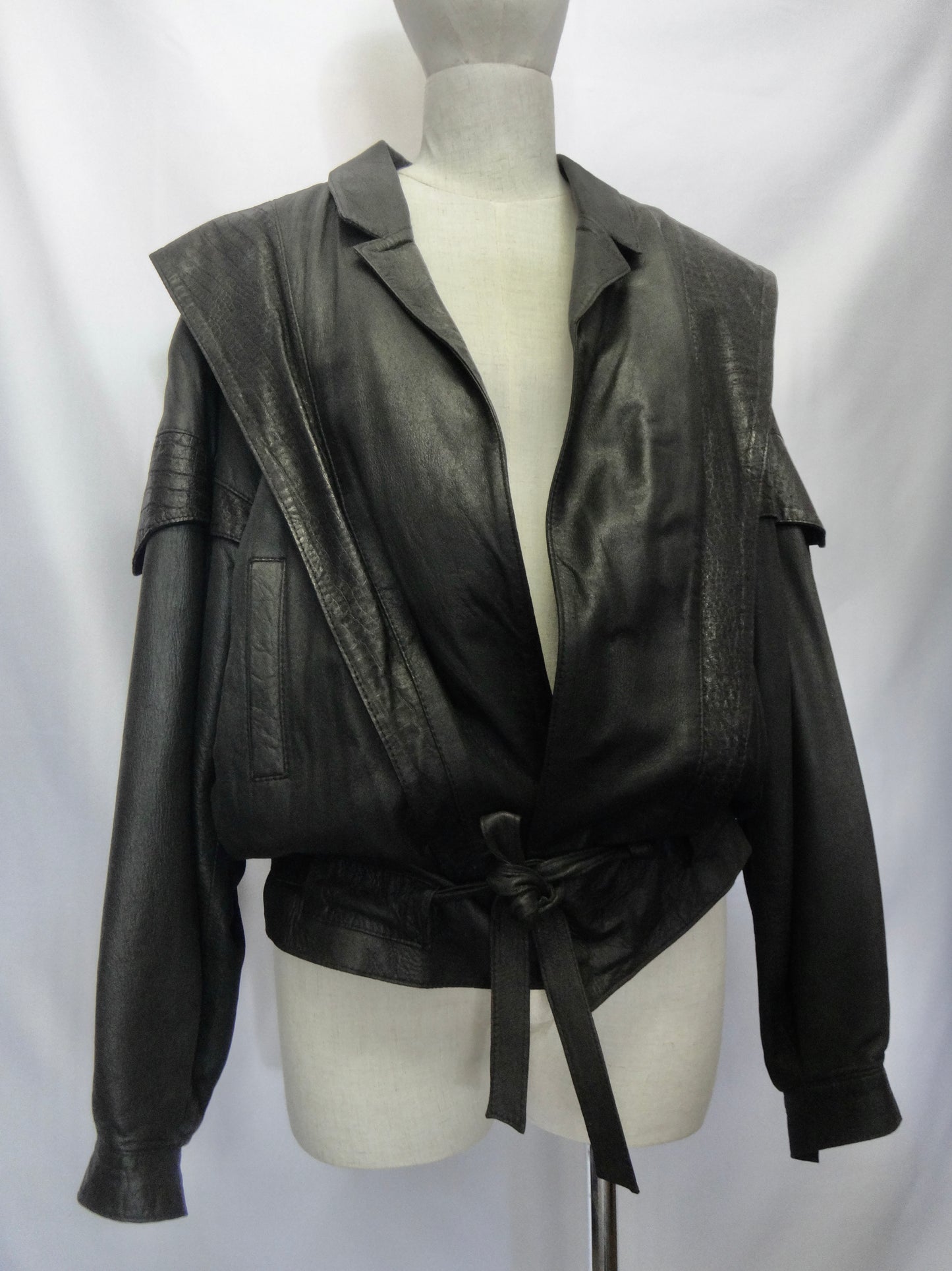 80s Black Leather Jacket with Tie